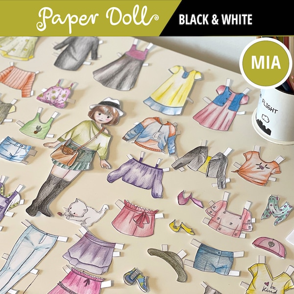 B&W PRINTABLE Modern Paper Doll Colouring Pages | PDF Download | Casual Paper Outfits, paper play, kids activity, kids craft, party favor