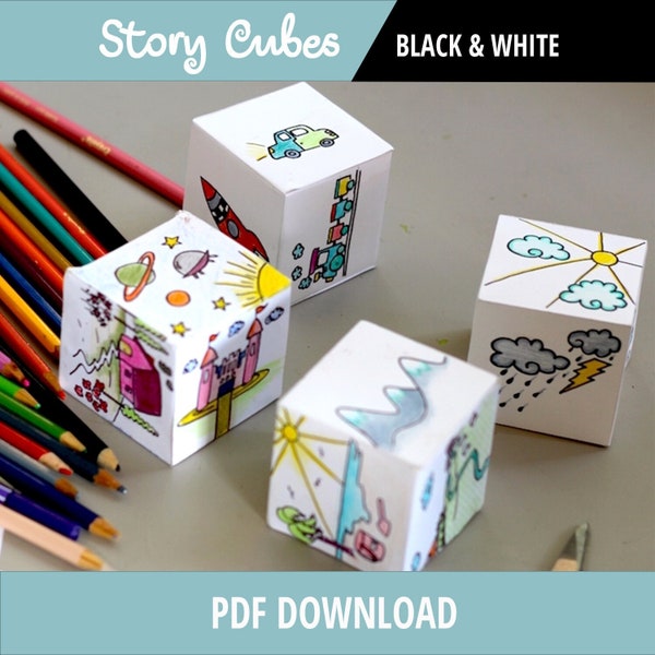 Set di 7 CUBI DI STORIE STAMPABILI, dadi di storie, gioco creativo con la carta - Attività per bambini - Cubi per colorare e creare storie, bomboniere