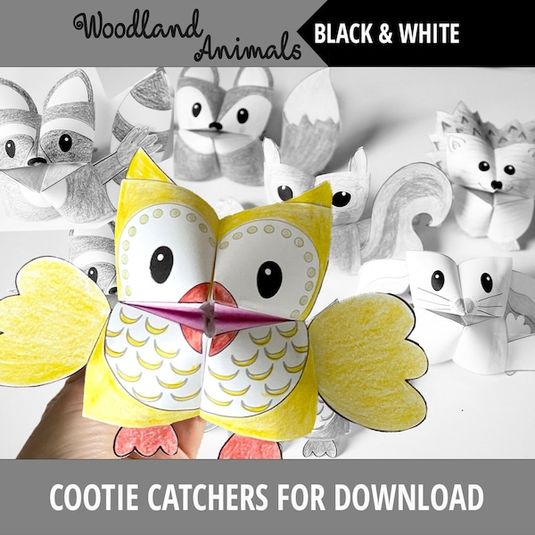 Set of 6 Black&White PRINTABLE Woodland Animals Cootie Catchers | PDF download | Woodland animals, forest animals, party favor, kids crafts