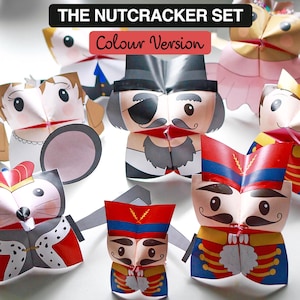 Peut inclure: Un ensemble de marionnettes en papier colorées représentant des personnages de Casse-Noisette, notamment Casse-Noisette, Clara, le Roi des Souris et une ballerine. Les marionnettes sont conçues pour être pliées et assemblées.