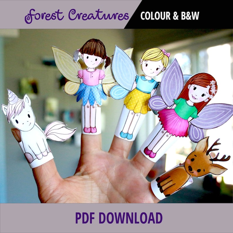 Set van 6 AFDRUKBARE boswezens vingerpoppetjes PDF-download Bosdieren, sprookjespoppetjes, papierspel, papieren poppetjes, feestartikelen afbeelding 1