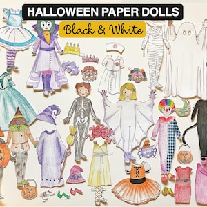 PRINTABLE Halloween Costumes Paper Dolls Colouring Pages | PDF Download | Halloween craft, kids craft, party favor, halloween outfits
