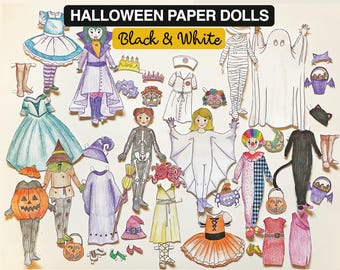 May include: Black and white Halloween paper dolls featuring a variety of costumes, including a witch, a ghost, a skeleton, a vampire, a clown, a nurse, and a mummy. The dolls are ready to be cut out and dressed up.