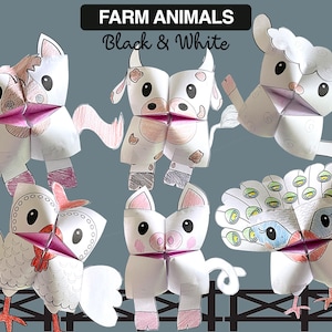 Set of 6 Black&White PRINTABLE Farm Animals Cootie Catchers | PDF download | Cow, hen, chicken sheep, peacock, party favor, color in