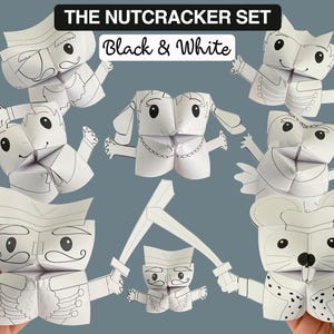 May include: Black and white printable paper craft set featuring The Nutcracker, a mouse, a dog, and a soldier. The set includes instructions for folding the paper into 3D figures.