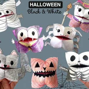 Set of 7 Black&White PRINTABLE Halloween Cootie Catchers | PDF download | Halloween party favor, kids craft for colouring in