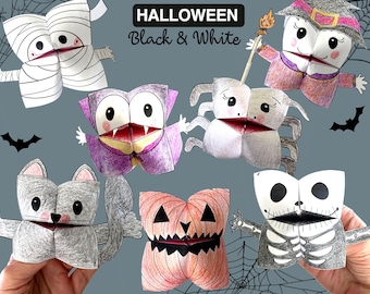 Set of 7 Black&White PRINTABLE Halloween Cootie Catchers | PDF download | Halloween party favor, kids craft for colouring in