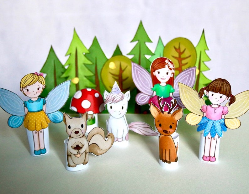 Set of 6 PRINTABLE Forest Creatures Finger Puppets PDF download Woodland animals, fairy puppets, paper play, paper dolls, party favor image 6