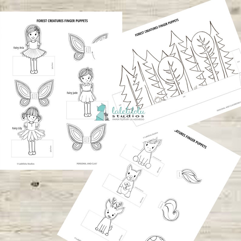 Set of 6 PRINTABLE Forest Creatures Finger Puppets PDF download Woodland animals, fairy puppets, paper play, paper dolls, party favor image 2