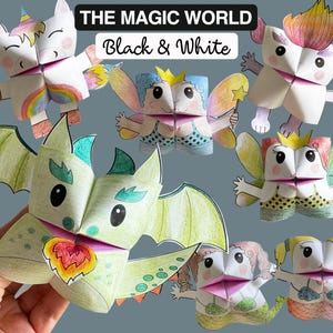 Set of 7 Black&White PRINTABLE MAGIC World Creatures Cootie Catchers | PDF download | fairy, unicorn, mermaid, dragon, party favor