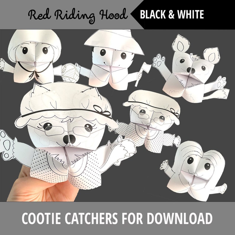Set of 6 Black&amp;white PRINTABLE Red Riding Hood Cootie Catchers PDF ...