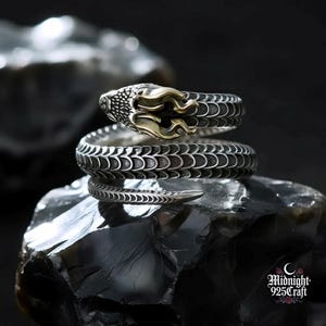 Può includere: Un anello a forma di serpente argentato con una testa color oro. L'anello si avvolge attorno al dito, con dettagliati motivi a scaglie. La testa del serpente è finemente progettata e l'anello è esposto su una superficie scura e strutturata. È un gioiello.