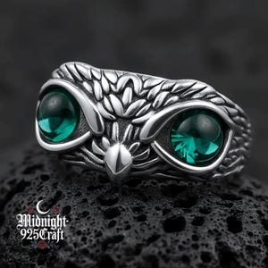 Gothic Owl Eyes Sterling Silver Ring Adjustable Mystical Wisdom Protection Jewelry Unisex Dark Fantasy Witchy Occult Gothic, Goth Gift Ring