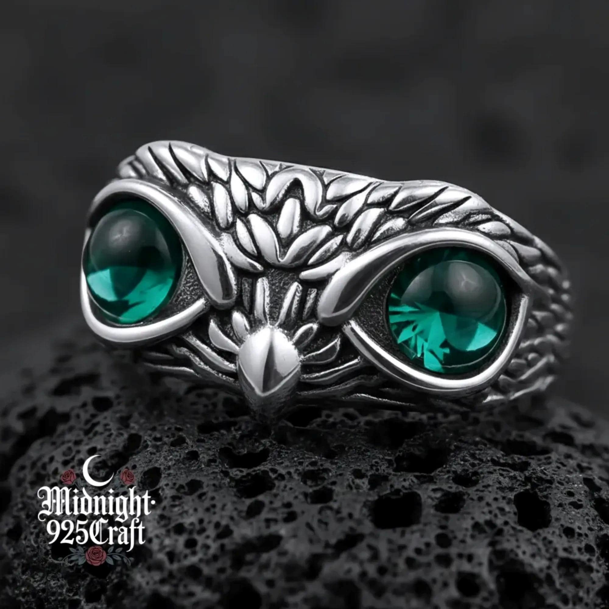 Gothic Owl Eyes Sterling Silver Ring Adjustable Mystical Wisdom Protection Jewelry Unisex Dark Fanta