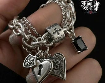925 Sterling Silver Gothic Charm Bracelet | Vintage Heart Cross Black Stone | Handmade Layered Chain Bracelet | Gift for Her Him