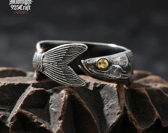 925 Sterling Silver Fish Ring, Adjustable Open Ring, Unique Statement Ring, Unisex Ring, Fish Jewelry, Animal Ring, Promise Ring Gift