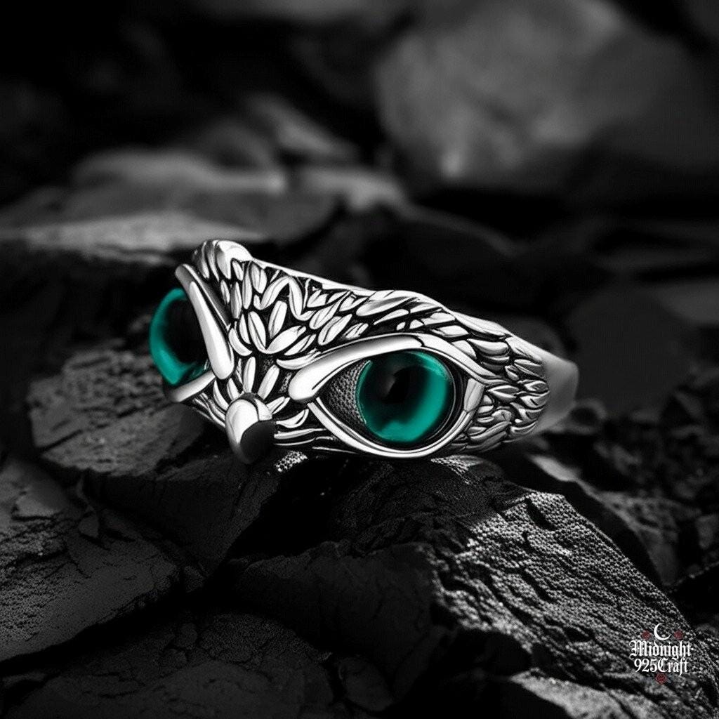 Gothic Owl Eyes Sterling Silver Ring Adjustable Mystical Wisdom Protection Jewelry Unisex Dark Fanta