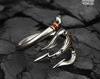 Handmade Sterling Silver 925 Mens Silver Ring, Trident Ring, Adjustable Ring, Gift for Him, Nautical Ring, Statement Ring, Open Ring