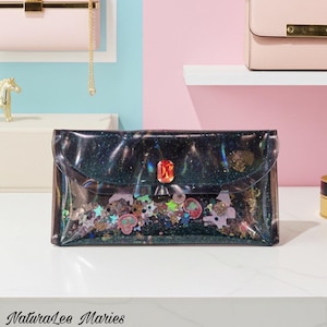 Black Vinyl Holographic Citrine Sparkle Large Clutch