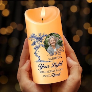 Personalized Photo Memorial LED Candle: Sympathy Gift, Flickering Flame, Your Light Will Always Shine Style, Bereavement Gifts For Family