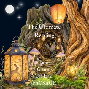 May include: A digital illustration featuring a large hollow tree trunk with glowing lanterns, mushrooms, and a floating orange lantern. The text reads The Ultimate Reading Tarot Charms Tea Leaf PACKAGE. A rabbit lantern sits in the foreground.