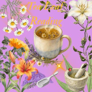 Könnte beinhalten: Ein Keramikbecher gefüllt mit Kräutertee, umgeben von Illustrationen von Gänseblümchen, Lilien und Lavendel auf violettem Grund. Der Text Tea Leaf Reading ist sichtbar. Ein Mörser mit Stößel, ein kleiner Marienkäfer und eine Metallschaufel.