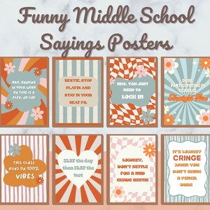 以下が含まれることがあります： レトロなデザインとユーモラスな言葉が特徴の8枚のポスターのコレクションで、中学校の教室に最適です。「Bro, 期限内に提出することはすごい、no cap」や「Dude, 授業に参加することは最高」などのフレーズが特徴です。