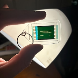 Puede incluir: Un pequeño llavero rectangular con un diseño de tira de película. La tira de película tiene un fondo verde con texto blanco que dice "THE FOLLOWING PREVIEW HAS BEEN APPROVED FOR ALL AUDIENCES". El llavero está sostenido por una persona.