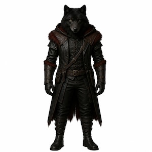 May include: A figure with a black wolf head wearing a long black leather coat with a hood, dark brown fur trim, and a quilted pattern on the shoulders. The outfit includes a leather belt with a pouch, matching leather gloves, and tall boots.