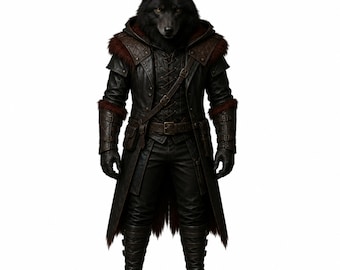 May include: A figure with a black wolf head wearing a long black leather coat with a hood, dark brown fur trim, and a quilted pattern on the shoulders. The outfit includes a leather belt with a pouch, matching leather gloves, and tall boots.