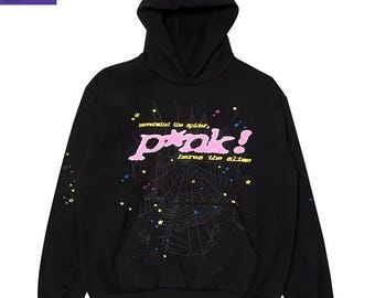 Uniseks Spider Graphic PINK hoodie - zwarte streetwear-trui