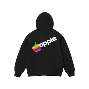 May include: Black hooded sweatshirt with the word "apple" in white, and a rainbow-coloured apple logo. The sweatshirt has long sleeves and a hood. The design is on the back of the sweatshirt.