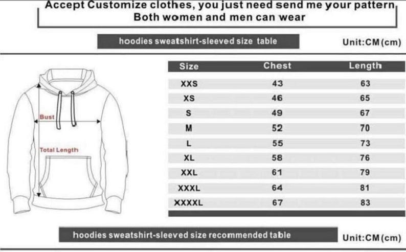 Op de afbeelding: Een diagram van een hoodie met borst- en totale lengtematen, naast een maattabel. De tabel toont maten van XXS tot XXXXL, met borst- en lengtematen in centimeters. Tekst bovenaan luidt: "Accepteer Kleding aanpassen, je hoeft me alleen je patroon te sturen, Zowel vrouwen als mannen kunnen dragen."