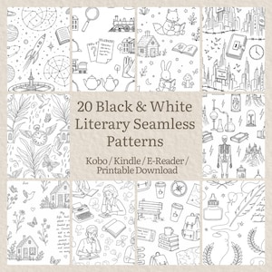 Op de afbeelding: Een collectie van 20 naadloze literaire patronen in zwart-wit met lijntekeningen van boeken, natuur, stadsgezichten en schrijfgerei. De centrale tekst luidt 20 Black & White Literary Seamless Patterns Kobo/Kindle/E-Reader/Printable Download.