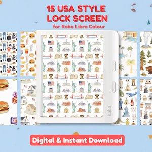 Può includere: Un e-reader Kobo Libra Colour bianco mostra una schermata di blocco a tema USA con illustrazioni della Statua della Libertà, del Golden Gate Bridge e bandiere americane. Il testo recita "15 USA STYLE LOCK SCREEN for Kobo Libra Colour". Il banner in basso dice "Digital & Instant Download".