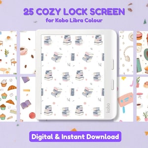 Może przedstawiać: Czytnik e-booków wyświetla przytulny projekt ekranu blokady ze stosami książek. Obraz zawiera tekst "25 COZY LOCK SCREEN for Kobo Libra Colour" i "Digital & Instant Download."