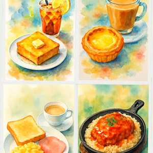 May include: A watercolour illustration depicting breakfast items: toast with butter, iced tea with lemon, a cup of coffee, a custard tart, scrambled eggs, ham, and a dish of rice with a meat patty.