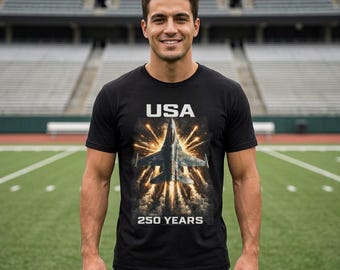 USA 250 jaar straaljagershirt, Patriotic American Air Show Tee, F16 militaire grafisch T-shirt, USA Aviation shirt, mens patriottische Tee