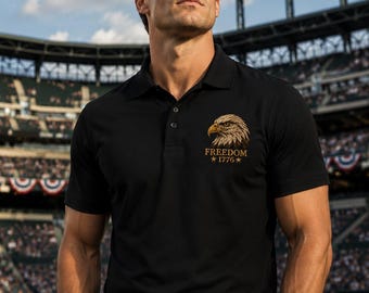Freedom Eagle 1776 geborduurd poloshirt | USA patriottische prestatiepolo | Premium Mercer+Mettle golfpolo-borduursel - zwarte polo