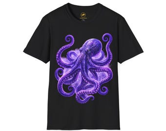 Premium paars octopusshirt, gloeiend diepzee-oceaant-shirt, neon Kraken grafisch T-shirt, kust natuurliefhebber cadeau, lichtgevende mariene kunst