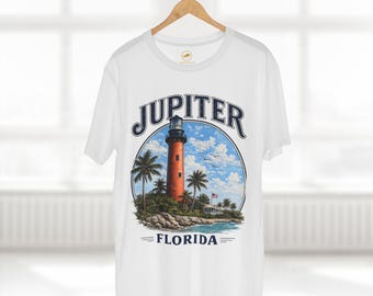 Camiseta blanca premium del faro de Júpiter, color AS 5001, camiseta del faro de Florida, camiseta costera de Júpiter, Florida, regalo para vacaciones en la playa.