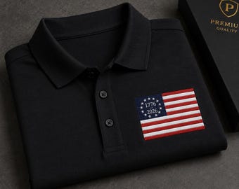 Premium VS 1776-2026 geborduurd poloshirt Betsy Ross Amerikaanse vlag golfpolo patriottische 250e verjaardag zwarte polo