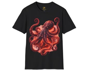 Premium shirt rode octopus, gloeiend Kraken Ocean-T-shirt, vurige diepzee grafisch T-shirt, kust natuurliefhebber cadeau, lichtgevende mariene kunst