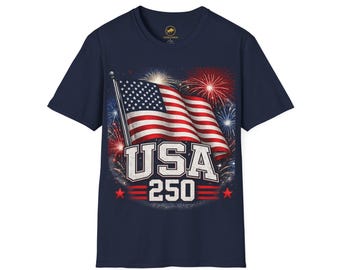 Shirt USA 250 marineblauw T-shirt Amerikaanse vlag vuurwerk, shirt patriottische 4 juli, rood wit blauw grafisch T-shirt, shirt Amerika 250 jaar