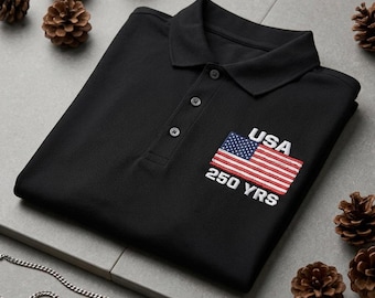 VS 250 jaar premium geborduurd prestatiepolo | Golfshirt met Amerikaanse vlag | Mercer+Mettle Lichtgewicht en ademend