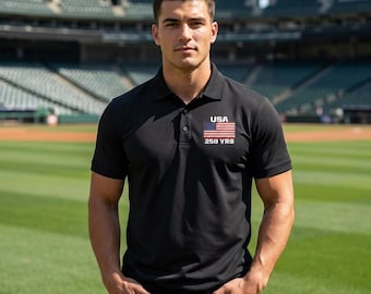 Polo bordado premium de EE. UU. 250 años / Polo de golf con bandera patriótica / Polo negro con cuello clásico / Camiseta del aniversario de Estados Unidos 1776-2026