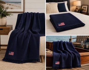 USA premium marineblauwe plaid - Amerika premium wafeldoek - katoenen deken Amerikaanse vlag geborduurd - luxe Americana woondecoratie