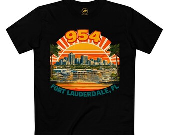 Camiseta Fort Lauderdale 954, color AS premium, camiseta vintage con el horizonte de Florida, camiseta gráfica retro del condado de Broward, camiseta de lujo estilo viaje.