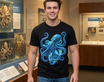 Premium octopusshirt, bioluminescent Deep Sea Ocean-T-shirt, gloeiend blauw Kraken grafisch T-shirt, kust natuurliefhebber cadeau, Florida Ocean Art