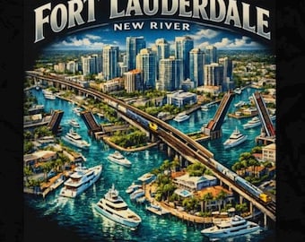 Camiseta New River de Fort Lauderdale, camiseta premium con el horizonte de Florida, camiseta gráfica del puente Las Olas, camiseta de la ciudad costera de yates